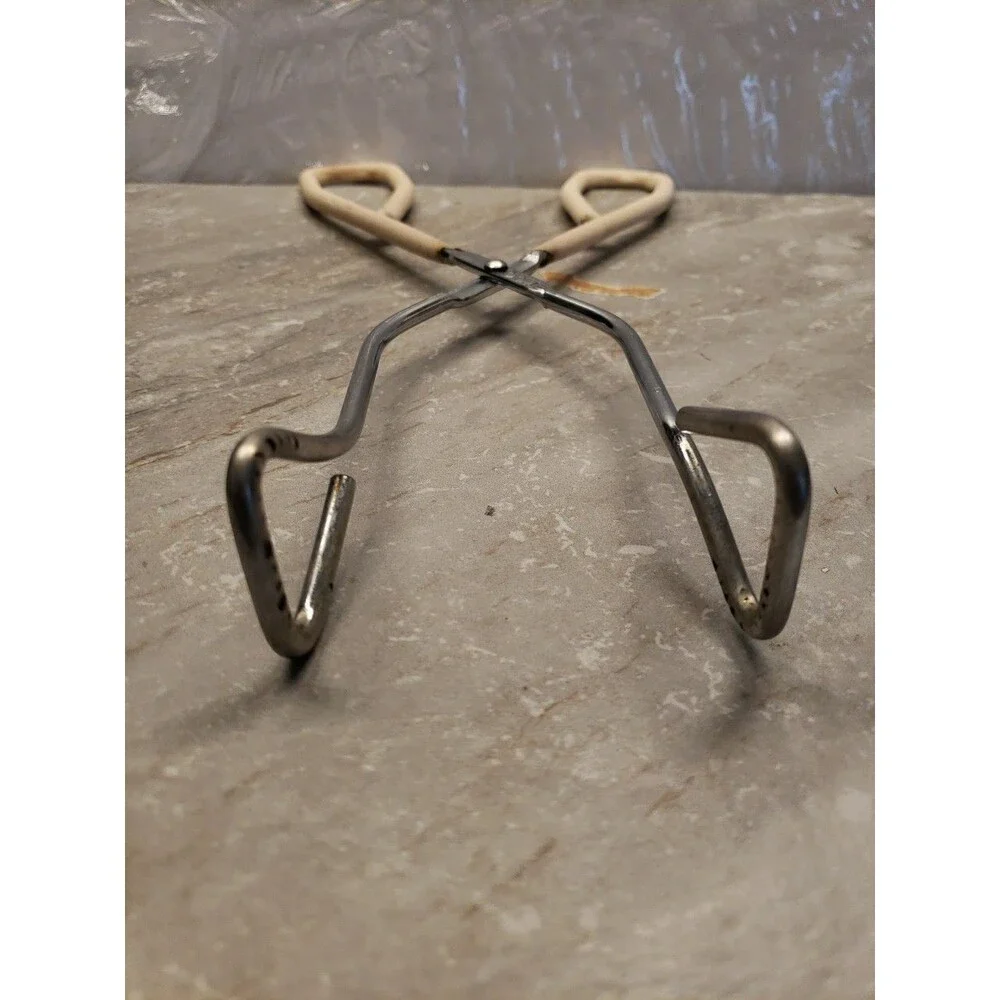 Vintage EKCO 10 Stainless Steel Kitchen Tongs Grippers, Ivory Rubber handle USA